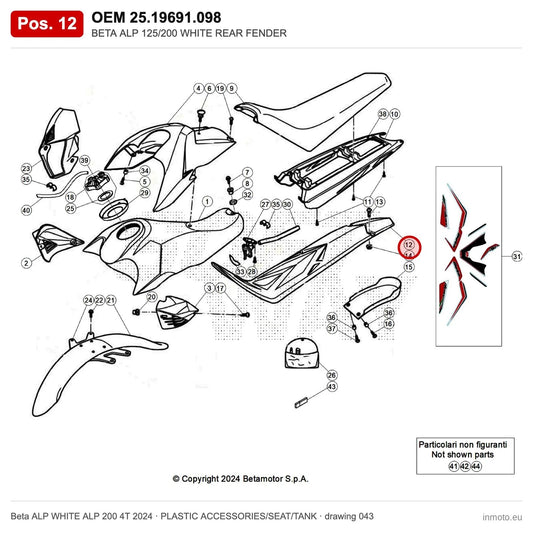 BETA ALP 125/200 WHITE REAR FENDER – OEM 25.19691.098, position 12 on the Beta ALP WHITE ALP 200 4T 2024 plastic accessories/seat/tank drawing