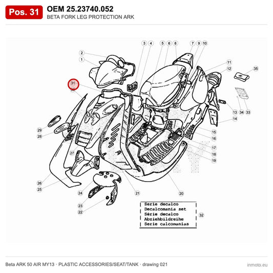 BETA FORK LEG PROTECTION ARK – OEM 25.23740.052, position 31 on the Beta ARK 50 AIR MY13 plastic accessories/seat/tank drawing