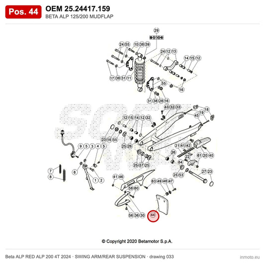 BETA ALP 125/200 MUDFLAP – OEM 25.24417.159, position 44 on the Beta ALP RED ALP 200 4T 2024 swing arm/rear suspension drawing