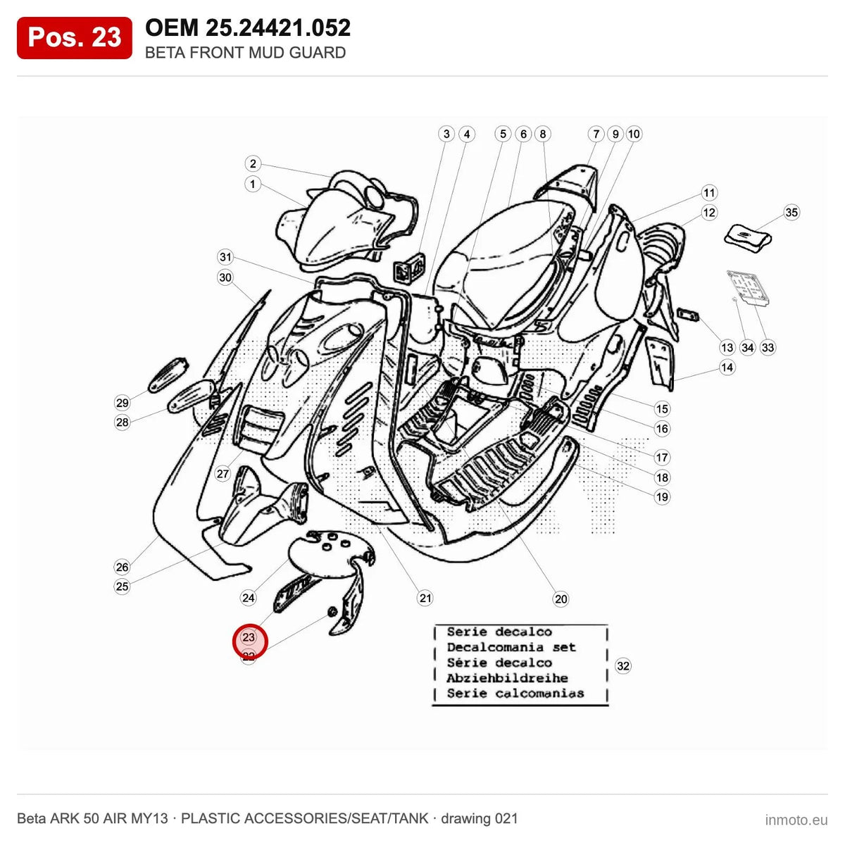 BETA FRONT MUD GUARD – OEM 25.24421.052, position 23 on the Beta ARK 50 AIR MY13 plastic accessories/seat/tank drawing