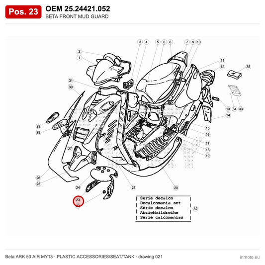 BETA FRONT MUD GUARD – OEM 25.24421.052, position 23 on the Beta ARK 50 AIR MY13 plastic accessories/seat/tank drawing