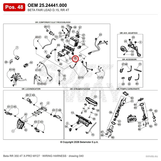 BETA FAIR LEAD D.15, RR 4T – OEM 25.24441.000, position 48 on the Beta RR 350 4T X-PRO MY27 wiring harness drawing