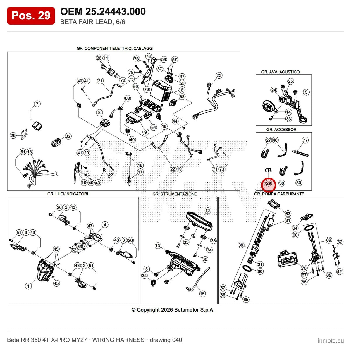 BETA FAIR LEAD, 6/6 – OEM 25.24443.000, position 29 on the Beta RR 350 4T X-PRO MY27 wiring harness drawing
