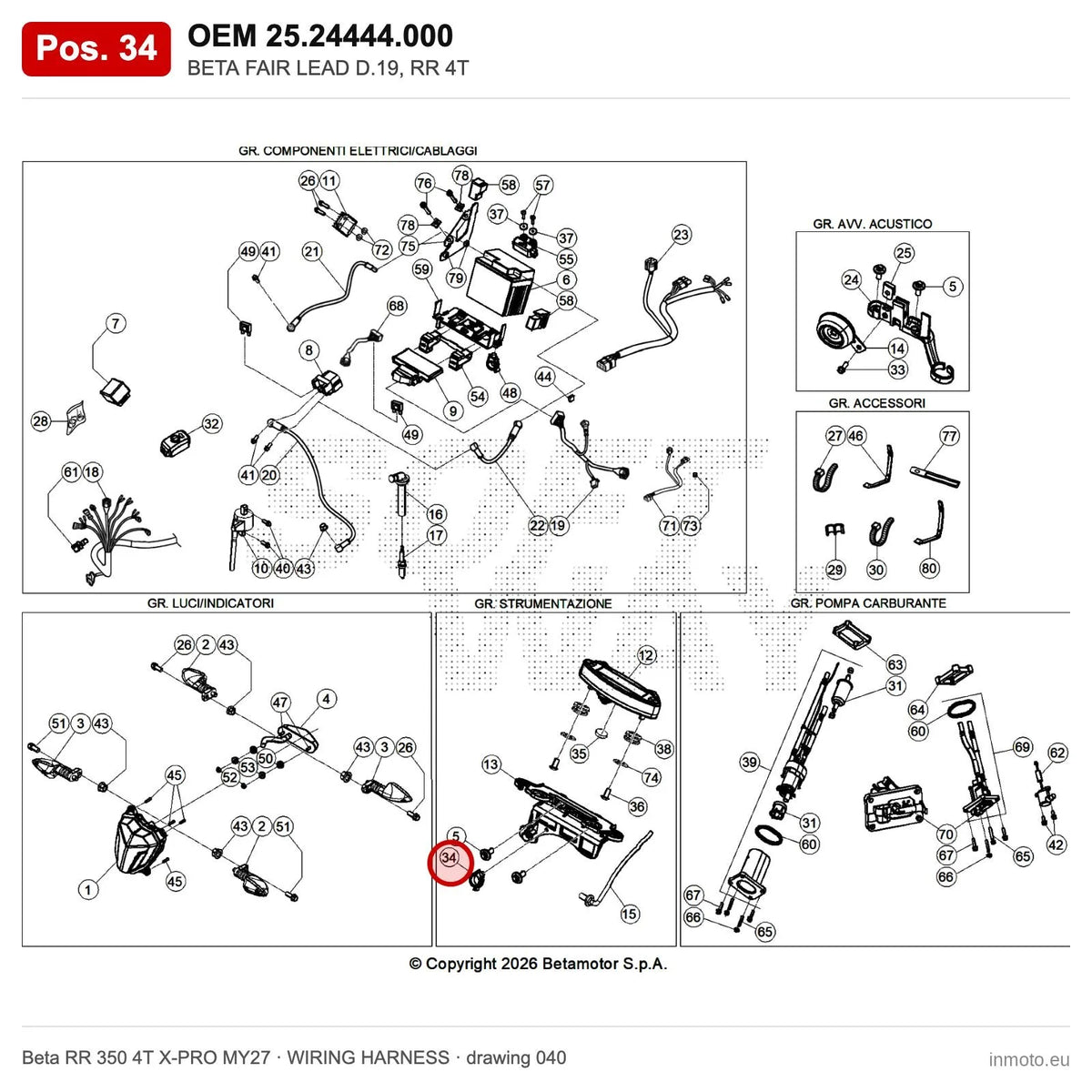 BETA FAIR LEAD D.19, RR 4T – OEM 25.24444.000, position 34 on the Beta RR 350 4T X-PRO MY27 wiring harness drawing