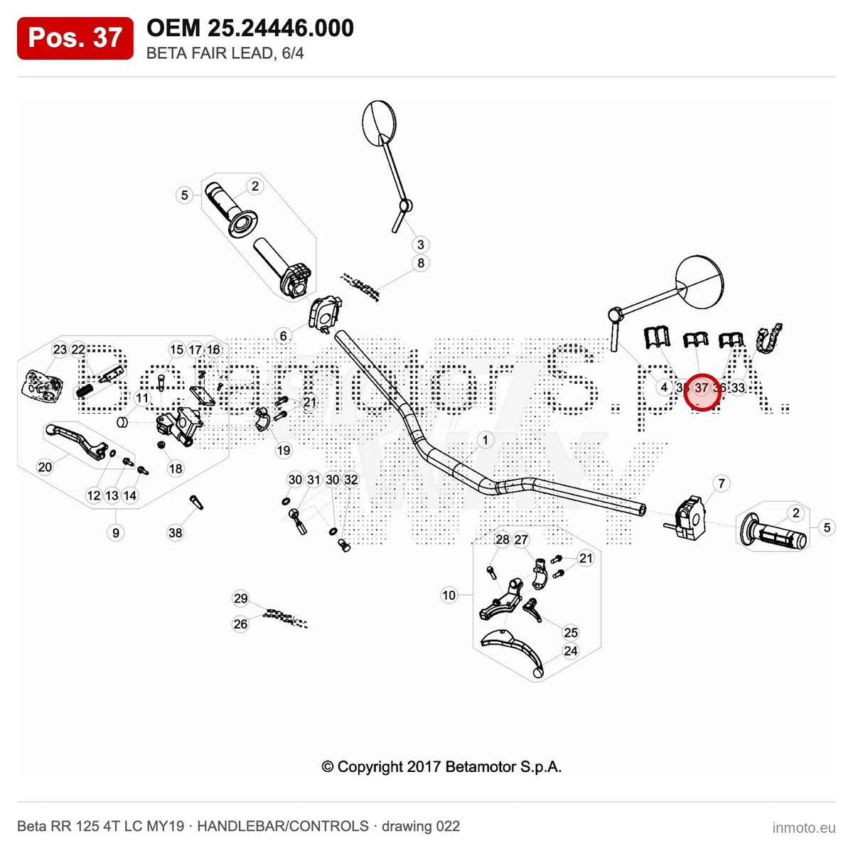 BETA FAIR LEAD, 6/4 – OEM 25.24446.000, position 37 on the Beta RR 125 4T LC MY19 handlebar/controls drawing
