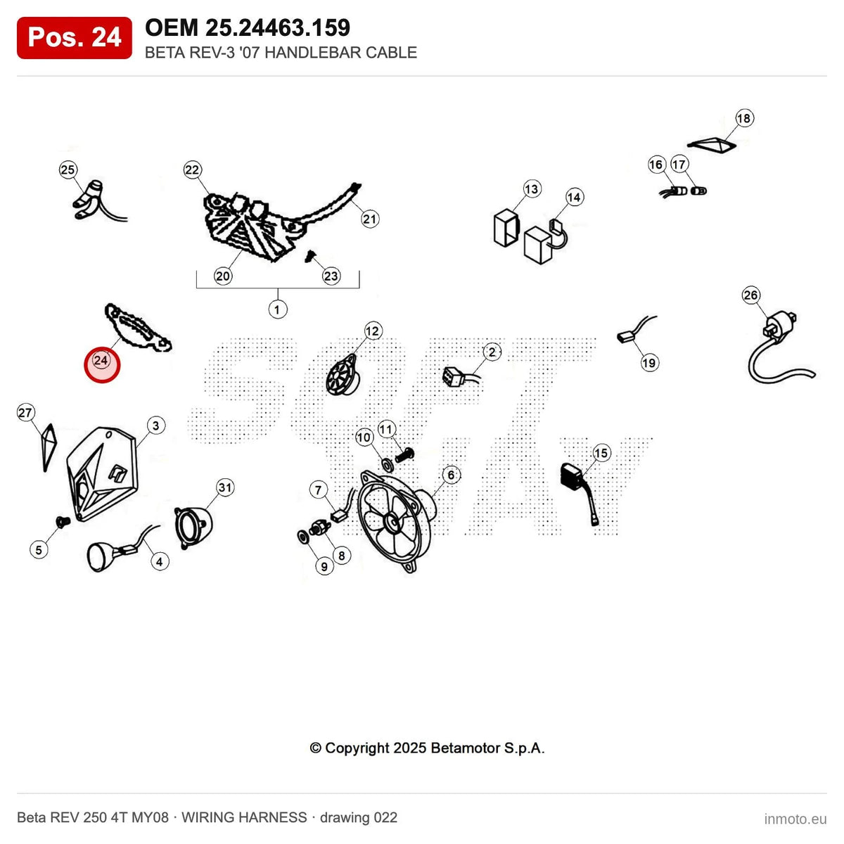 BETA REV-3 '07 HANDLEBAR CABLE – OEM 25.24463.159, position 24 on the Beta REV 250 4T MY08 wiring harness drawing