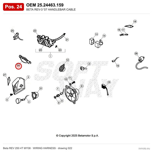 BETA REV-3 '07 HANDLEBAR CABLE – OEM 25.24463.159, position 24 on the Beta REV 250 4T MY08 wiring harness drawing