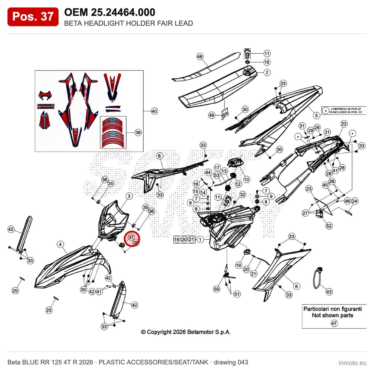 BETA HEADLIGHT HOLDER FAIR LEAD – OEM 25.24464.000, position 37 on the Beta BLUE RR 125 4T R 2026 plastic accessories/seat/tank drawing