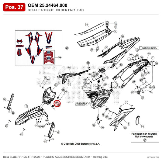 BETA HEADLIGHT HOLDER FAIR LEAD – OEM 25.24464.000, position 37 on the Beta BLUE RR 125 4T R 2026 plastic accessories/seat/tank drawing
