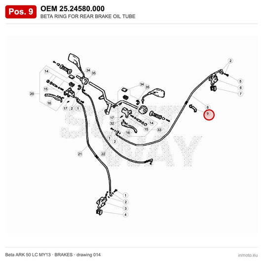 BETA RING FOR REAR BRAKE OIL TUBE – OEM 25.24580.000, position 9 on the Beta ARK 50 LC MY13 brakes drawing