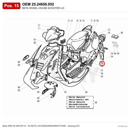 BETA WHEEL HOUSE SCOOTER L/C – OEM 25.24650.052, position 15 on the Beta ARK 50 AIR MY13 plastic accessories/seat/tank drawing