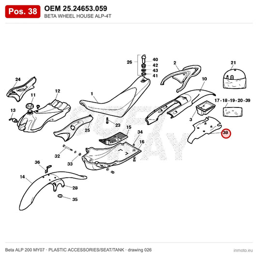 BETA WHEEL HOUSE ALP-4T – OEM 25.24653.059, position 38 on the Beta ALP 200 MY07 plastic accessories/seat/tank drawing
