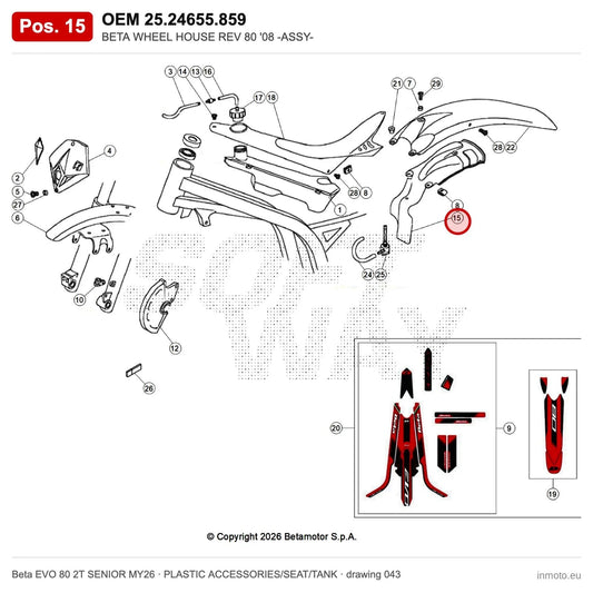 BETA WHEEL HOUSE REV 80 '08 -ASSY- – OEM 25.24655.859, position 15 on the Beta EVO 80 2T SENIOR MY26 plastic accessories/seat/tank drawing