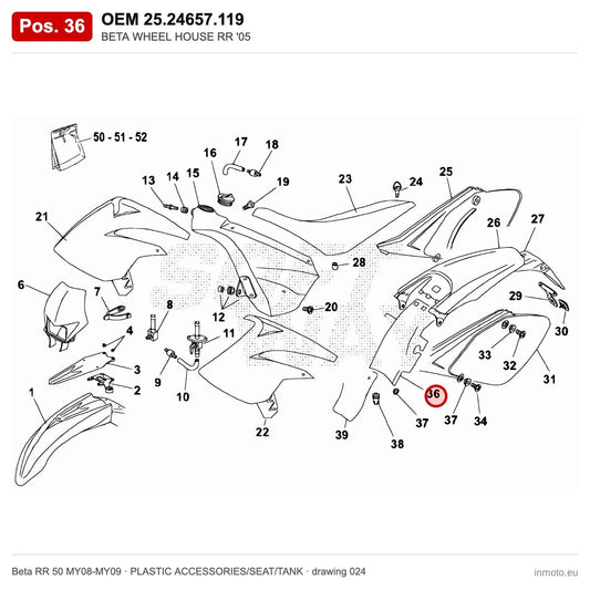 BETA WHEEL HOUSE RR '05 – OEM 25.24657.119, position 36 on the Beta RR 50 MY08-MY09 plastic accessories/seat/tank drawing