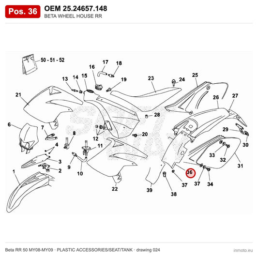 BETA WHEEL HOUSE RR – OEM 25.24657.148, position 36 on the Beta RR 50 MY08-MY09 plastic accessories/seat/tank drawing