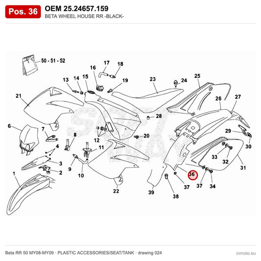 BETA WHEEL HOUSE RR -BLACK- – OEM 25.24657.159, position 36 on the Beta RR 50 MY08-MY09 plastic accessories/seat/tank drawing