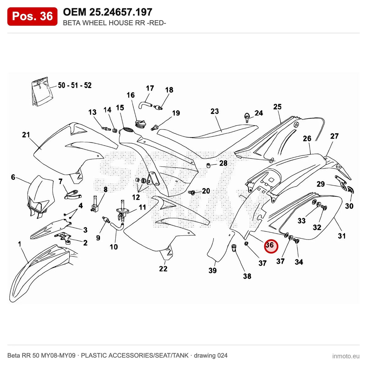 BETA WHEEL HOUSE RR -RED- – OEM 25.24657.197, position 36 on the Beta RR 50 MY08-MY09 plastic accessories/seat/tank drawing