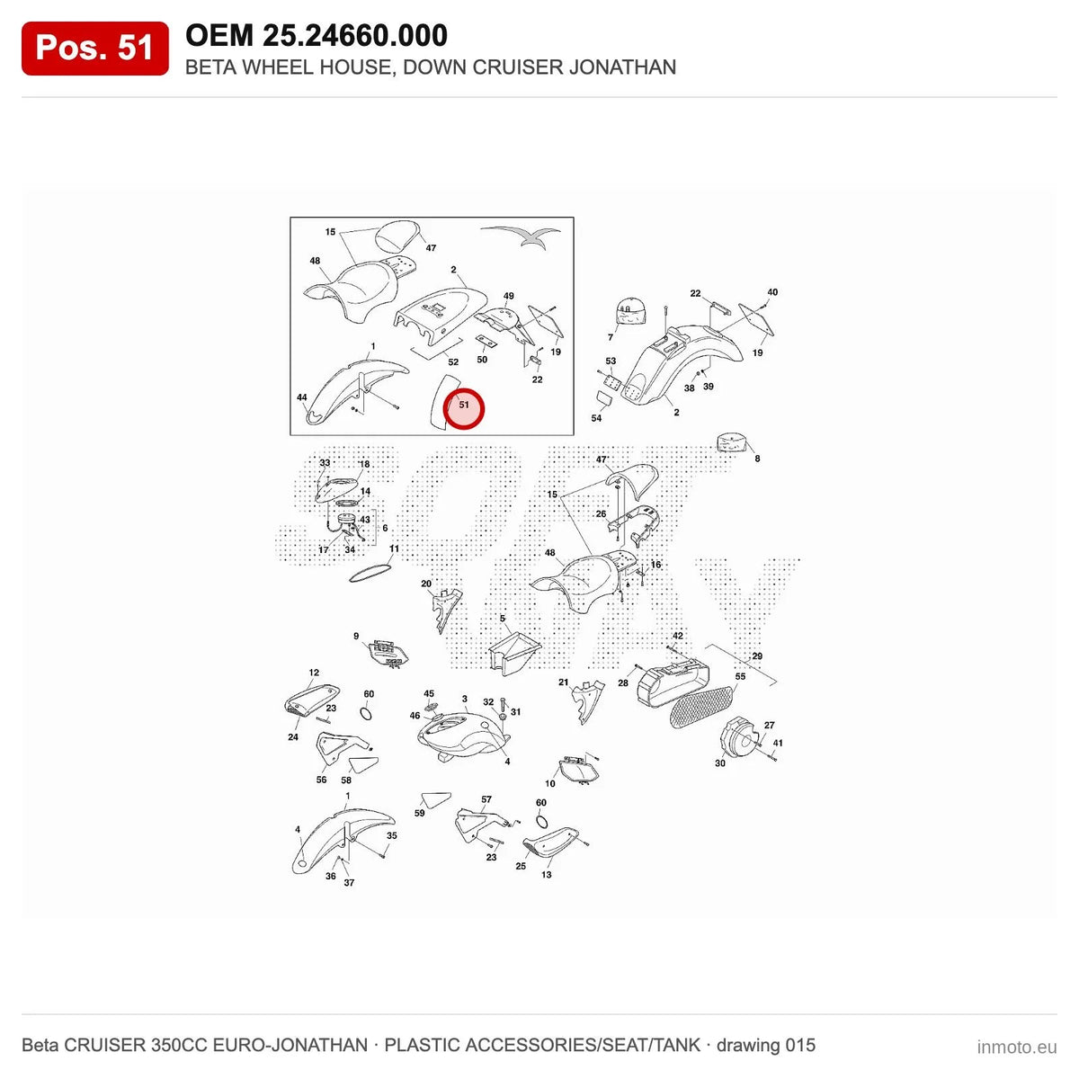 BETA WHEEL HOUSE, DOWN CRUISER JONATHAN – OEM 25.24660.000, position 51 on the Beta CRUISER 350CC EURO-JONATHAN plastic accessories/seat/tank drawing