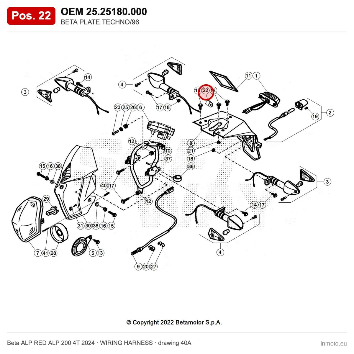 BETA PLATE TECHNO/96 – OEM 25.25180.000, position 22 on the Beta ALP RED ALP 200 4T 2024 wiring harness drawing