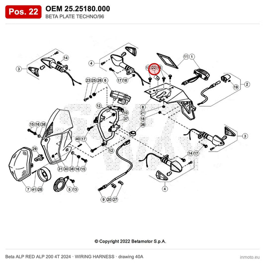 BETA PLATE TECHNO/96 – OEM 25.25180.000, position 22 on the Beta ALP RED ALP 200 4T 2024 wiring harness drawing
