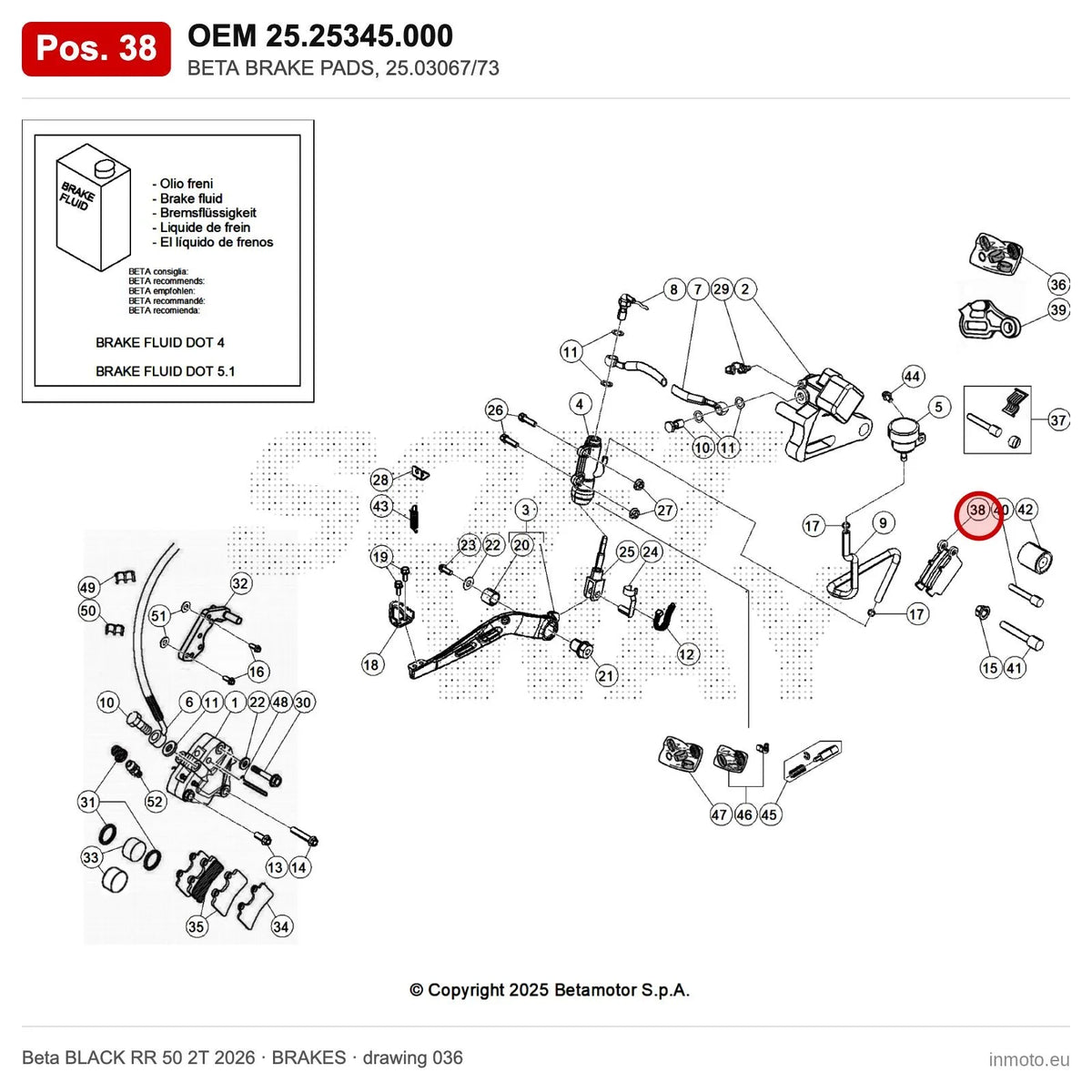 BETA BRAKE PADS, 25.03067/73 – OEM 25.25345.000, position 38 on the Beta BLACK RR 50 2T 2026 brakes drawing