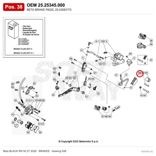 BETA BRAKE PADS, 25.03067/73 – OEM 25.25345.000, position 38 on the Beta BLACK RR 50 2T 2026 brakes drawing