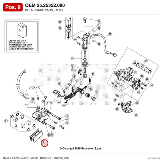 BETA BRAKE PADS, REV3 – OEM 25.25352.000, position 9 on the Beta SINCRO 300 2T MY26 brakes drawing