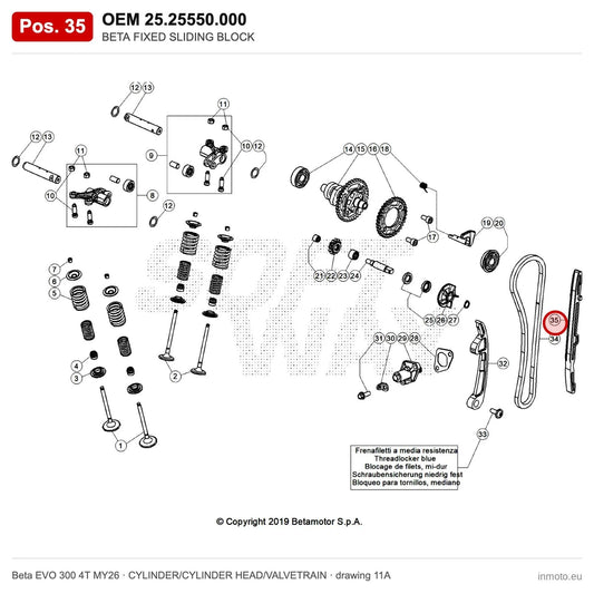 BETA FIXED SLIDING BLOCK – OEM 25.25550.000, position 35 on the Beta EVO 300 4T MY26 cylinder/cylinder head/valvetrain drawing