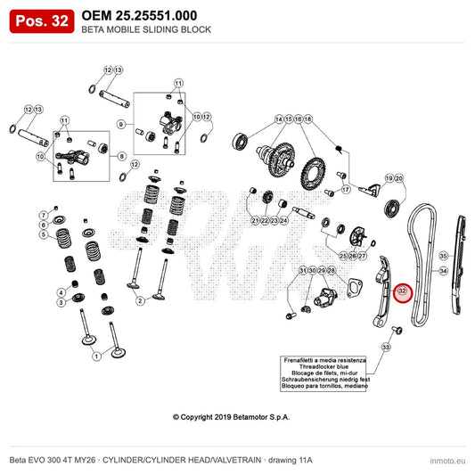 BETA MOBILE SLIDING BLOCK – OEM 25.25551.000, position 32 on the Beta EVO 300 4T MY26 cylinder/cylinder head/valvetrain drawing