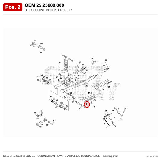 BETA SLIDING BLOCK, CRUISER – OEM 25.25600.000, position 2 on the Beta CRUISER 350CC EURO-JONATHAN swing arm/rear suspension drawing