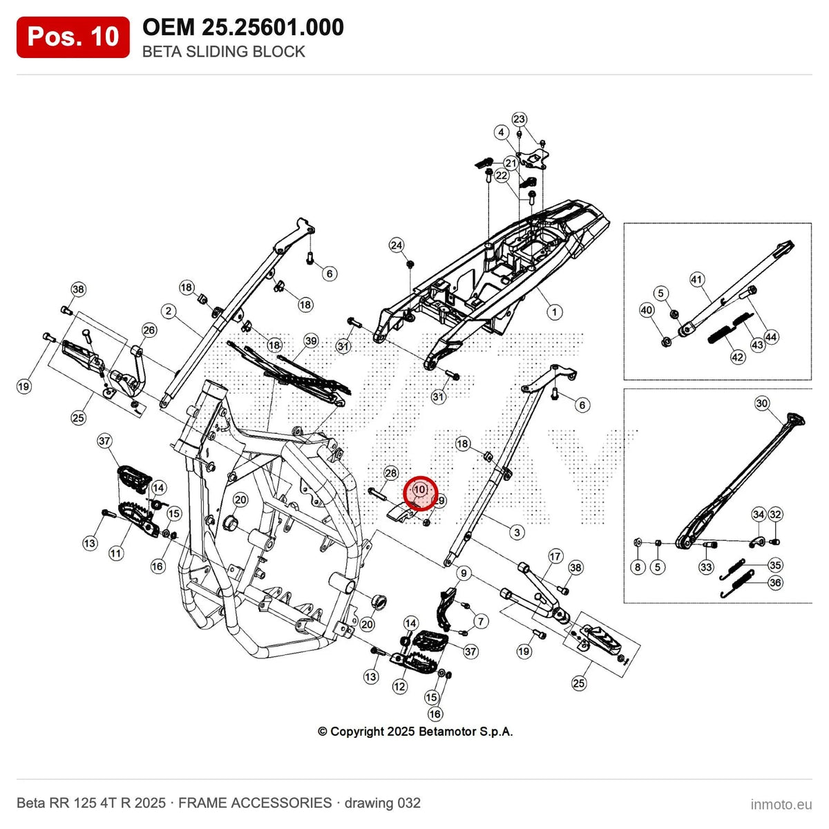 BETA SLIDING BLOCK – OEM 25.25601.000, position 10 on the Beta RR 125 4T R 2025 frame accessories drawing