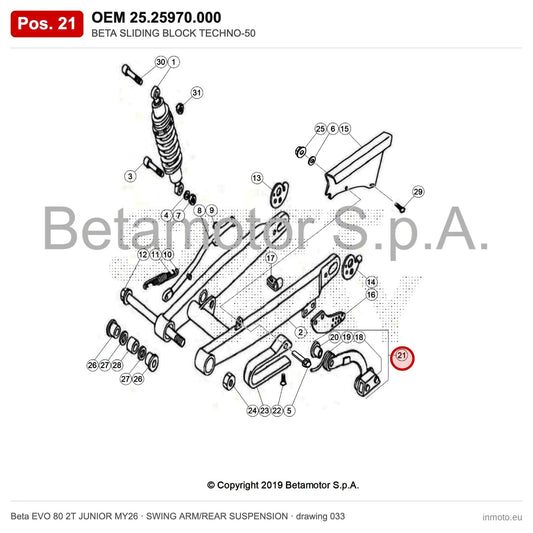 BETA SLIDING BLOCK TECHNO-50 – OEM 25.25970.000, position 21 on the Beta EVO 80 2T JUNIOR MY26 swing arm/rear suspension drawing