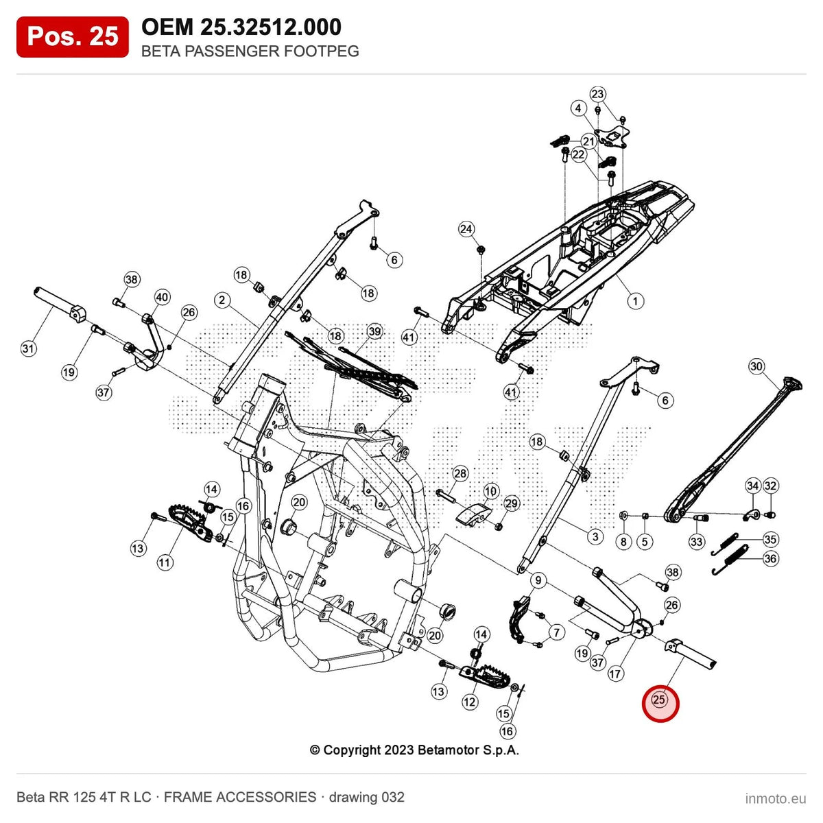 BETA PASSENGER FOOTPEG – OEM 25.32512.000, position 25 on the Beta RR 125 4T R LC frame accessories drawing