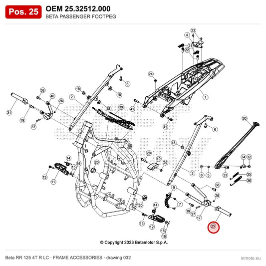 BETA PASSENGER FOOTPEG – OEM 25.32512.000, position 25 on the Beta RR 125 4T R LC frame accessories drawing
