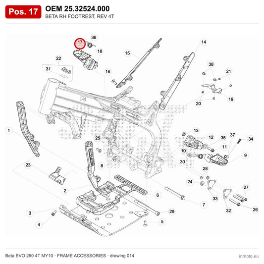 BETA RH FOOTREST, REV 4T – OEM 25.32524.000, position 17 on the Beta EVO 250 4T MY10 frame accessories drawing
