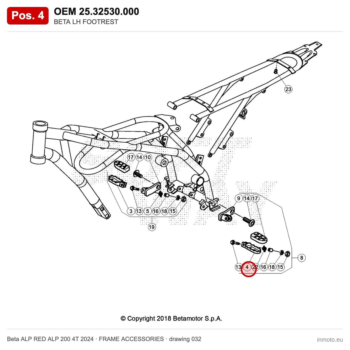 BETA LH FOOTREST – OEM 25.32530.000, position 4 on the Beta ALP RED ALP 200 4T 2024 frame accessories drawing