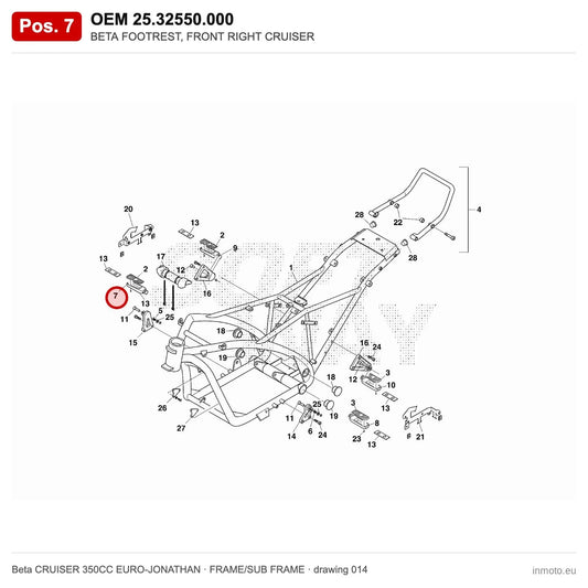 BETA FOOTREST, FRONT RIGHT CRUISER – OEM 25.32550.000, position 7 on the Beta CRUISER 350CC EURO-JONATHAN frame/sub frame drawing