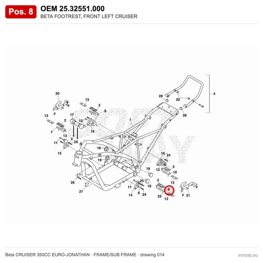 BETA FOOTREST, FRONT LEFT CRUISER – OEM 25.32551.000, position 8 on the Beta CRUISER 350CC EURO-JONATHAN frame/sub frame drawing