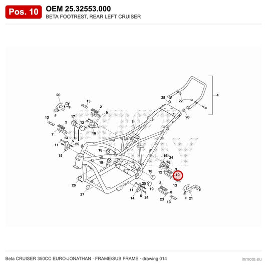 BETA FOOTREST, REAR LEFT CRUISER – OEM 25.32553.000, position 10 on the Beta CRUISER 350CC EURO-JONATHAN frame/sub frame drawing