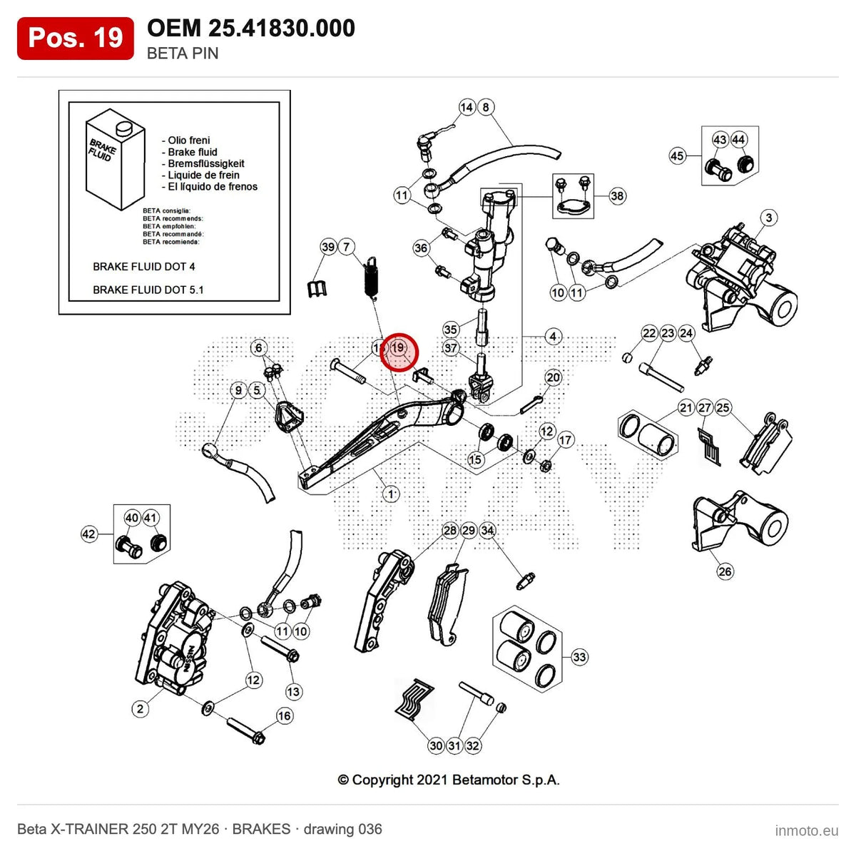 BETA PIN – OEM 25.41830.000, position 19 on the Beta X-TRAINER 250 2T MY26 brakes drawing