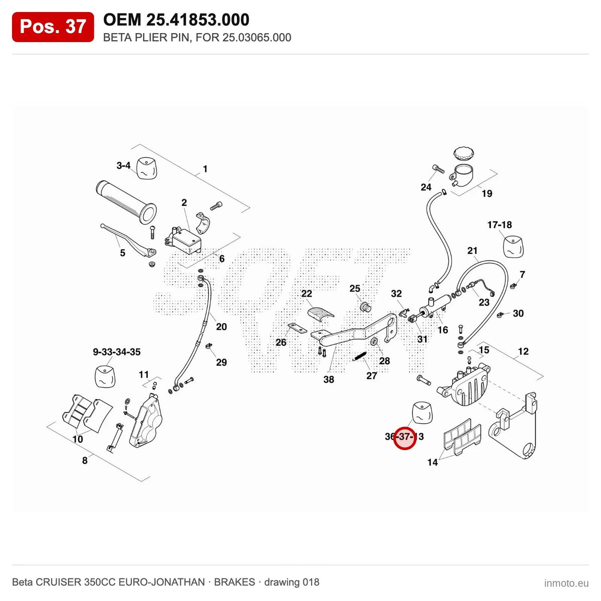 BETA PLIER PIN, FOR 25.03065.000 – OEM 25.41853.000, position 37 on the Beta CRUISER 350CC EURO-JONATHAN brakes drawing