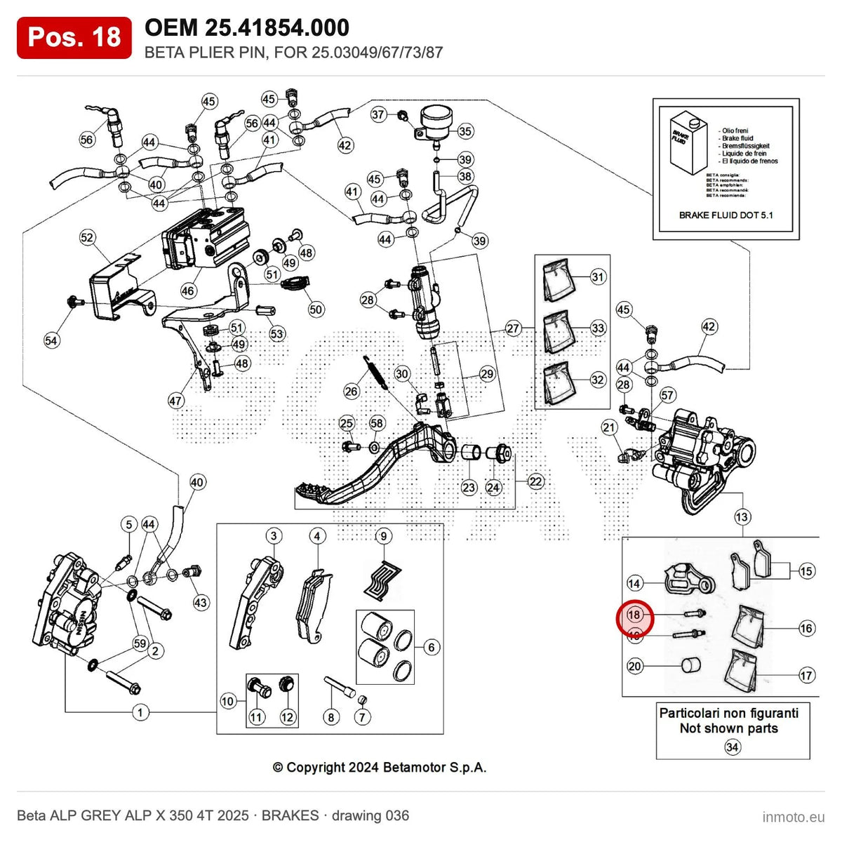 BETA PLIER PIN, FOR 25.03049/67/73/87 – OEM 25.41854.000, position 18 on the Beta ALP GREY ALP X 350 4T 2025 brakes drawing