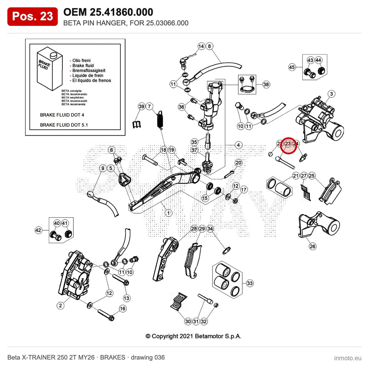 BETA PIN HANGER, FOR 25.03066.000 – OEM 25.41860.000, position 23 on the Beta X-TRAINER 250 2T MY26 brakes drawing