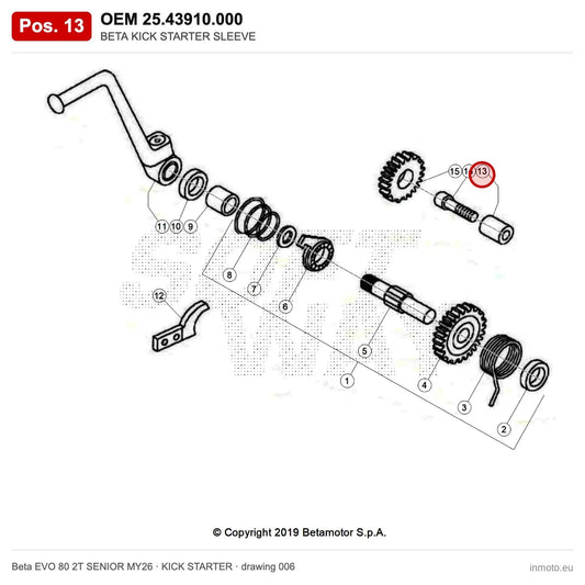 BETA KICK STARTER SLEEVE – OEM 25.43910.000, position 13 on the Beta EVO 80 2T SENIOR MY26 kick starter drawing