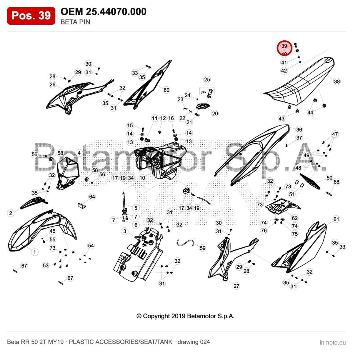 BETA PIN – OEM 25.44070.000, position 39 on the Beta RR 50 2T MY19 plastic accessories/seat/tank drawing