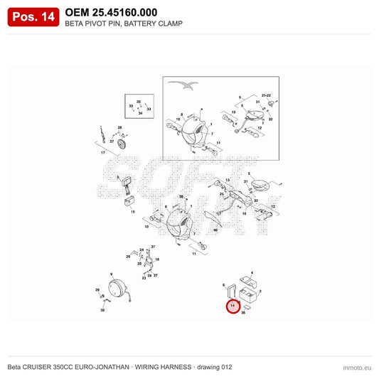BETA PIVOT PIN, BATTERY CLAMP – OEM 25.45160.000, position 14 on the Beta CRUISER 350CC EURO-JONATHAN wiring harness drawing