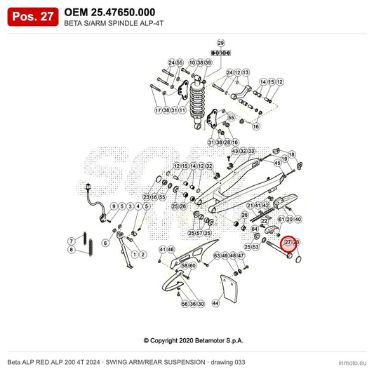 BETA S/ARM SPINDLE ALP-4T – OEM 25.47650.000, position 27 on the Beta ALP RED ALP 200 4T 2024 swing arm/rear suspension drawing