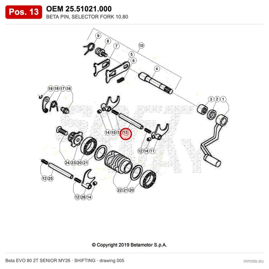 BETA PIN, SELECTOR FORK 10.80 – OEM 25.51021.000, position 13 on the Beta EVO 80 2T SENIOR MY26 shifting drawing