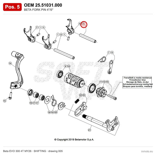 BETA FORK PIN 4°/5° – OEM 25.51031.000, position 5 on the Beta EVO 300 4T MY26 shifting drawing