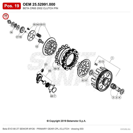 BETA CR65 2002 CLUTCH PIN – OEM 25.52991.000, position 19 on the Beta EVO 80 2T SENIOR MY26 primary gear cpl./clutch drawing